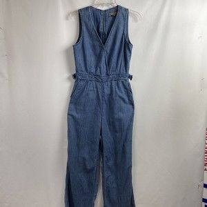 Point Sur Jumpsuit Womens 2 Denim Blue Cotton Wide Leg V Neck Faux Wrap Romper